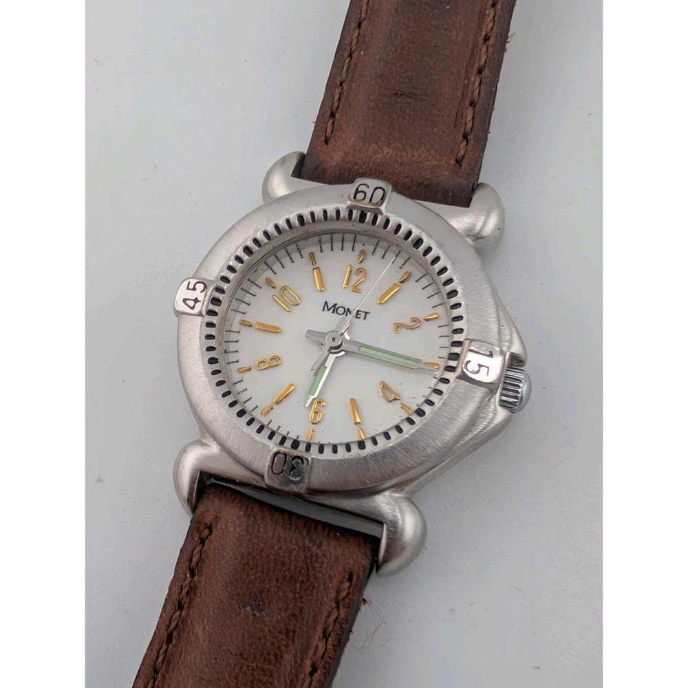 Vintage Monet Women's Watch 25mm Case Brown Leather Band- New Battery